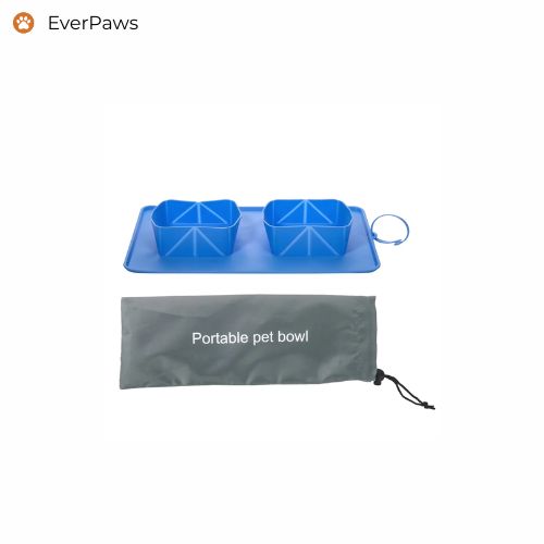 Blue portable double silicone pet bowl with carry pouch — EverPaws.