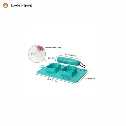 Dimensions of double silicone pet bowl: 39×23.5 cm mat, two 600 ml bowls — EverPaws.