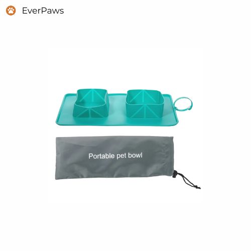 Green portable double silicone pet bowl with carry pouch — EverPaws.
