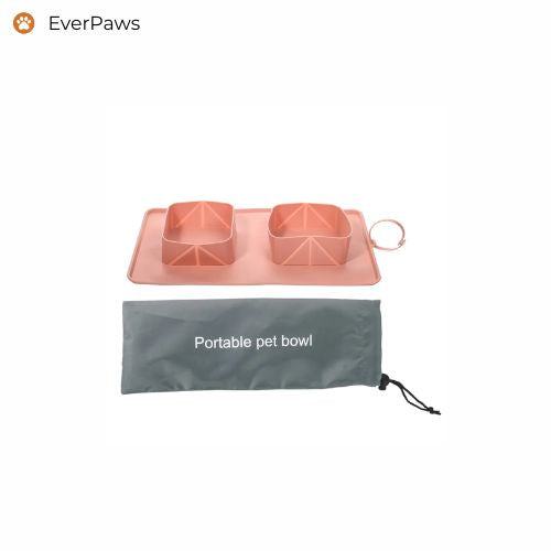 Pink portable double silicone pet bowl with carry pouch — EverPaws.
