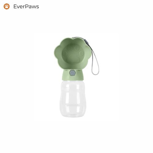 Green 380 ml leak-proof pet water bottle with flip trough and one-hand lock — EverPaws.