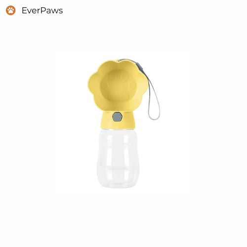 Yellow 380 ml portable pet water bottle — lightweight, lock button, integrated bowl — EverPaws.