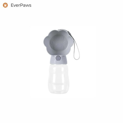 Gray 380 ml leak-proof pet water bottle with wrist strap and flip-top drinking trough — EverPaws.