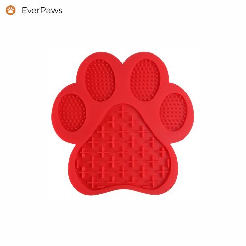 Red silicone dog lick pad with suction cups — keeps dogs calm during bathing and grooming — EverPaws.