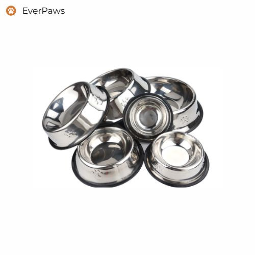 Stainless steel dog bowls with paw-print rim and non-slip base — EverPaws.
