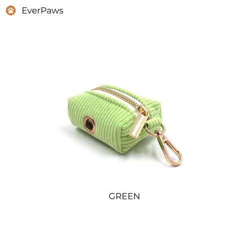 Light green corduroy poop bag holder, clip-on design, fits standard rolls — EverPaws.