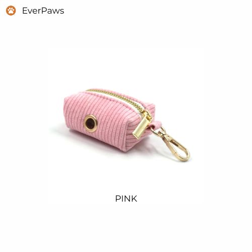 Pink corduroy poop bag holder with zipper and dispenser eyelet — EverPaws.