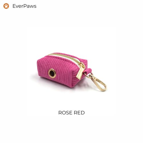 Rose red corduroy poop bag holder, clip-on, easy-tear dispenser — EverPaws.