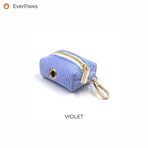 Violet corduroy poop bag holder, compact clip-on dispenser — EverPaws.