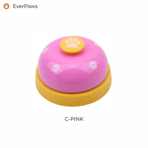 Pink paw-print pet training bell with large easy-press button — EverPaws.