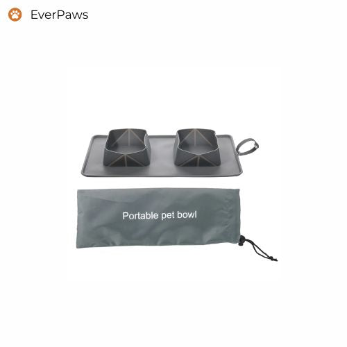 Green portable double silicone pet bowl with carry pouch — EverPaws.