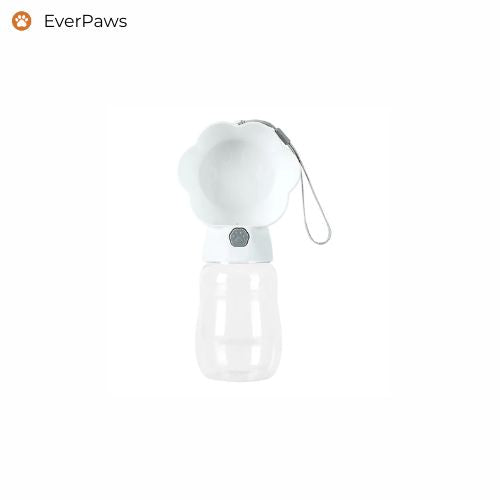 White 380 ml portable pet water bottle — travel bowl built in, BPA-free, one-hand lock — EverPaws.
