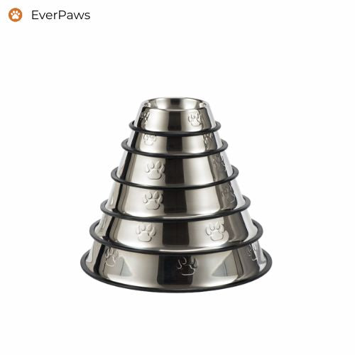 Stacked set of stainless dog bowls in multiple sizes with paw-print rims — EverPaws.
