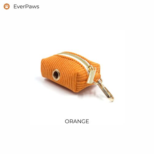 Orange corduroy poop bag holder with gold clip and dispenser grommet — EverPaws.