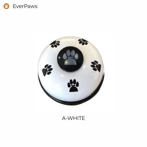 White paw-print dog training bell with easy-press button — EverPaws.